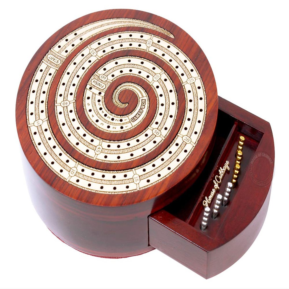 House of Cribbage - Spiral Shape 2 Track Non-Continuous Cribbage Board - Push Drawer Storage for Pegs and 1 Deck of Cards with Score Marking Fields for Won Games (Bloodwood/Maple Wood)