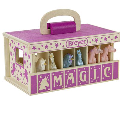 Breyer Unicorn Magic Wooden Carry Stable Playset with 6 Unicorns Unicorn Gifts for Girls | Toys for Kids Ages 48 | Hand-Painted Horses in Carrying Case | Imaginative Play Set