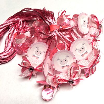 12 Cute Sheep Design Blue Pink Boy Girl Acrylic Pacifier Ribbon Necklaces Baby Shower Game Favors Prize Decorations (Pink)