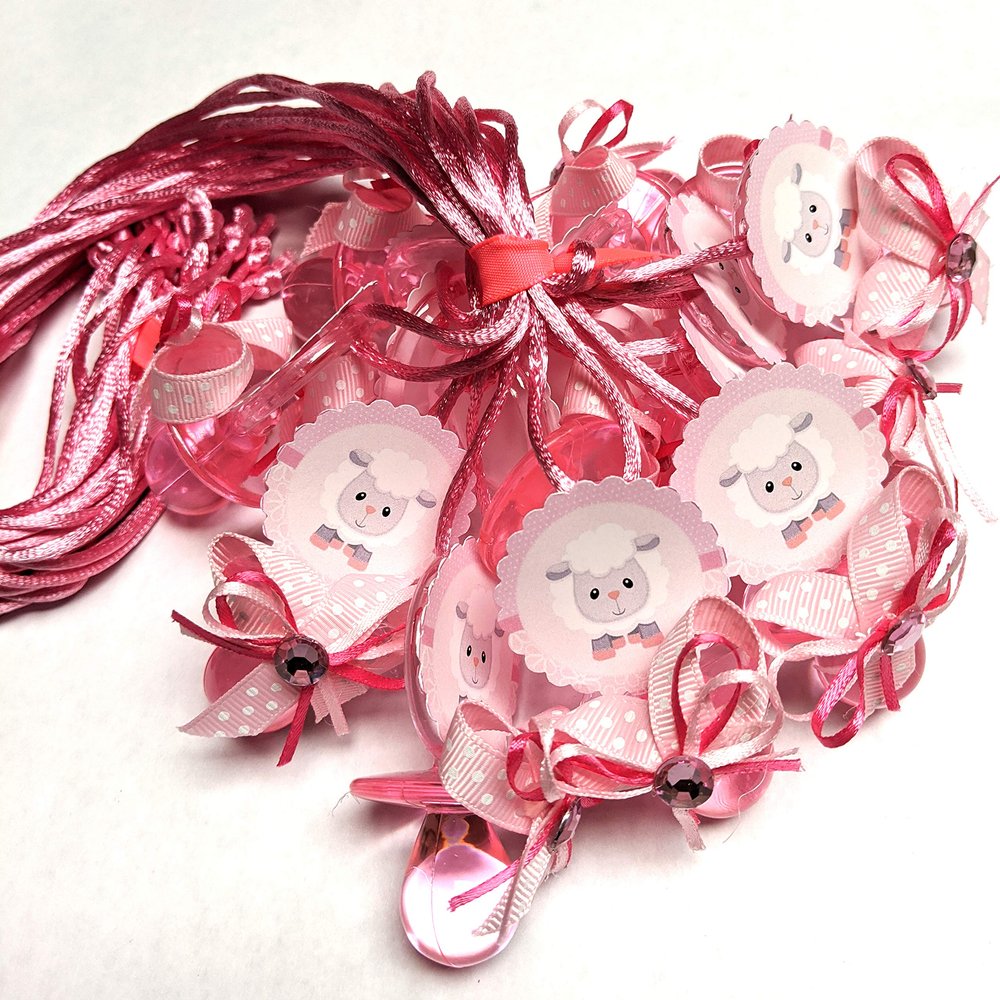 12 Cute Sheep Design Blue Pink Boy Girl Acrylic Pacifier Ribbon Necklaces Baby Shower Game Favors Prize Decorations (Pink)