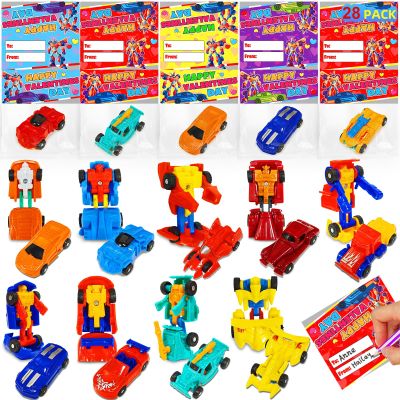 28 Pack Valentines Day Gifts for Kids, Transforming Car Robot Toys with Valentines Day Cards for Kids School Class Classroom Exchange 14 Style Mini Vehicle for Boys Party Favor Easter Basket Stuffers