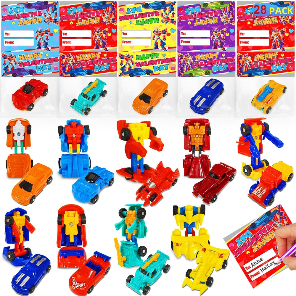 28 Pack Valentines Day Gifts for Kids, Transforming Car Robot Toys with Valentines Day Cards for Kids School Class Classroom Exchange 14 Style Mini Vehicle for Boys Party Favor Easter Basket Stuffers