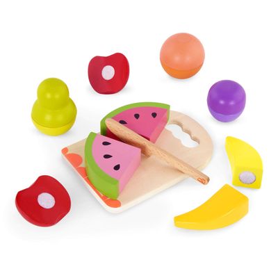 B. toys  Chop n' Play Fruits  Wooden Play Food Set  6 Hook  and  Loop Fruits to Cut  Safe Knife & Cutting Board  2+ Years