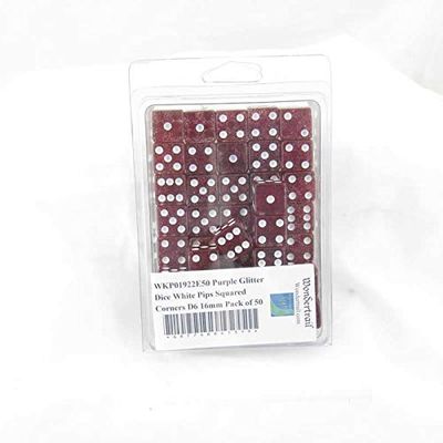 Purple Glitter Dice with White Pips Squared Corners D6 16mm (5/8in) Pack of 50 Wondertrail