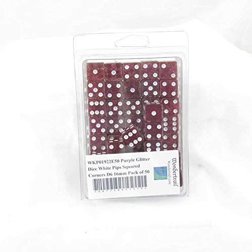 Purple Glitter Dice with White Pips Squared Corners D6 16mm (5/8in) Pack of 50 Wondertrail