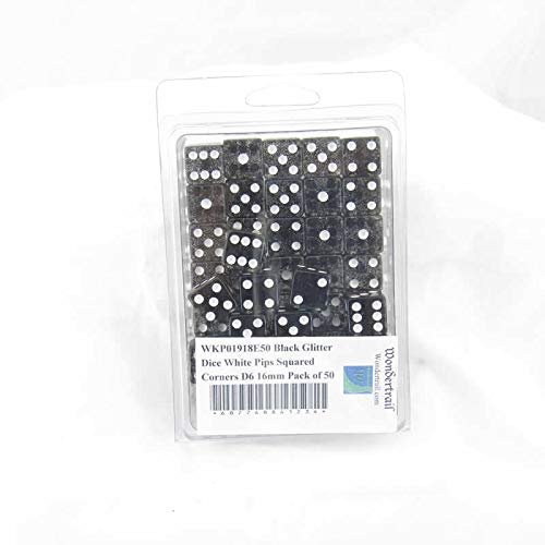 Black Glitter Dice with White Pips Squared Corners D6 16mm (5/8in) Pack of 50 Wondertrail