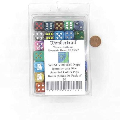 Nope (Grumpy cat) Dice Assorted Colors with Pips 16mm (5/8in) D6 Pack of 50 Wondertrail