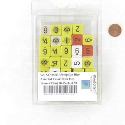 Spider Dice Assorted Colors with Pips 16mm (5/8in) D6 Pack of 50 Wondertrail