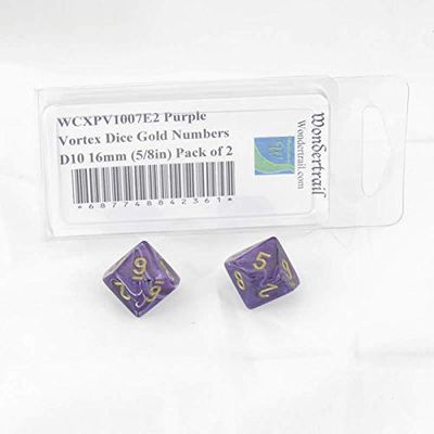 Purple Vortex Dice with Gold Numbers D10 Aprox 16mm (5/8in) Pack of 2 Wondertrail