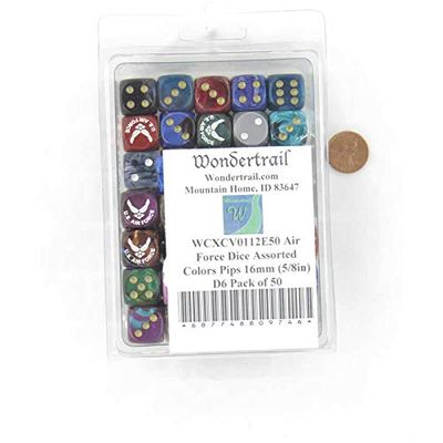 Air Force Dice Assorted Colors with Pips 16mm (5/8in) D6 Pack of 50 Wondertrail