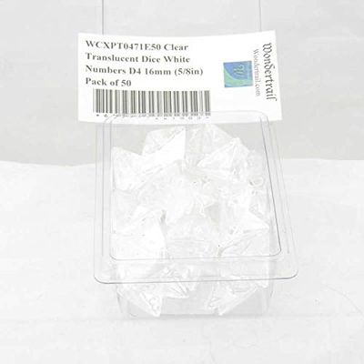 Clear Translucent Dice with White Numbers D4 Aprox 16mm (5/8in) Pack of 50 Wondertrail