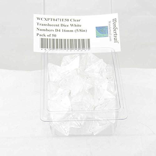 Clear Translucent Dice with White Numbers D4 Aprox 16mm (5/8in) Pack of 50 Wondertrail