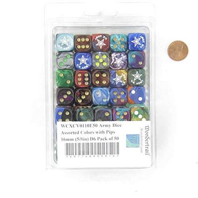 Army Dice Assorted Colors with Pips 16mm (5/8in) D6 Pack of 50 Wondertrail