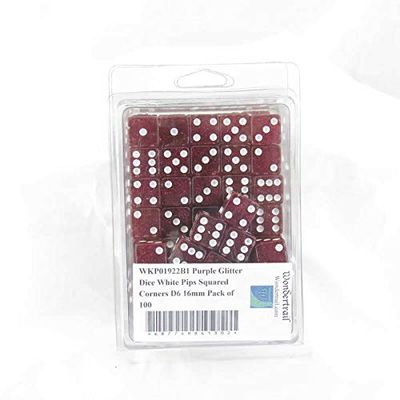 Purple Glitter Dice with White Pips Squared Corners D6 16mm (5/8in) Pack of 100 Wondertrail