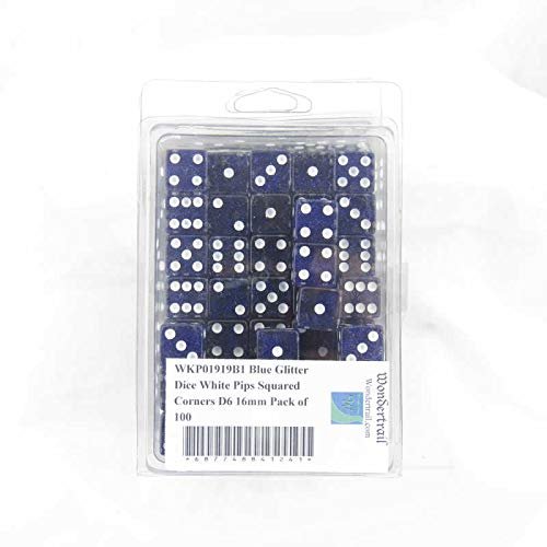 Blue Glitter Dice with White Pips Squared Corners D6 16mm (5/8in) Pack of 100 Wondertrail