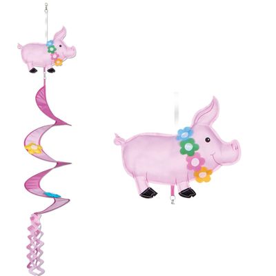 Party Central Club Pack of 12 Pink and Green Pig Wind-Spinner Hanging Decor 3.5'