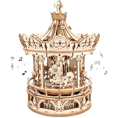 ROKR 3D Wooden Puzzles Music Box - DIY Model Building Kit Mechanical Merry-go-Round Exquisite Display Gifts for Teens Man/Woman Family