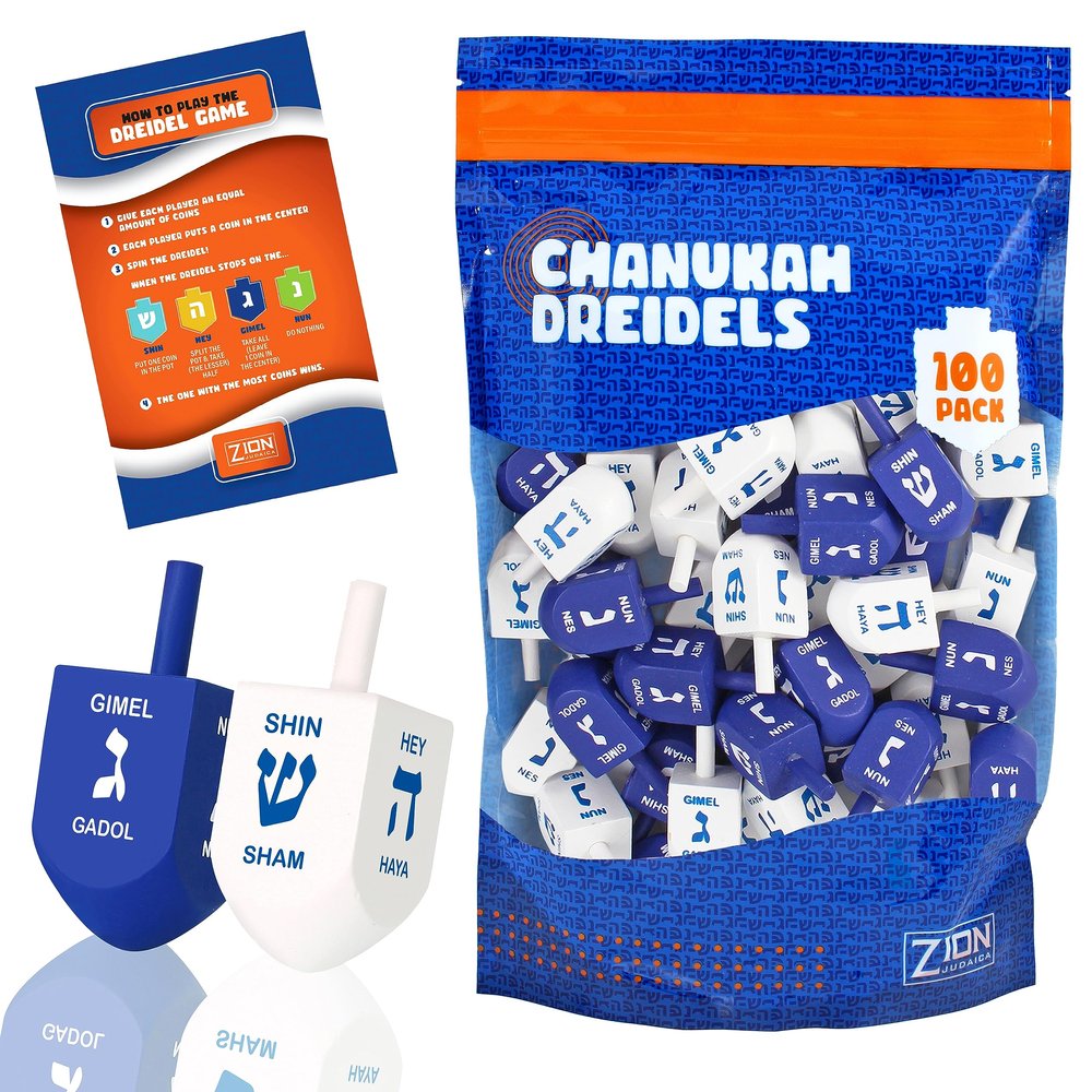 Zion Judaica Hanukkah Dreidels Blue & White Natural Wood with English Translation & Transliteration (100 Pack)
