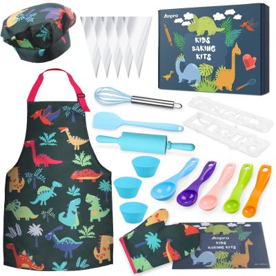 Anpro Complete Kids Cooking and Baking Set - 27 Pcs Includes Aprons for Boys, Chef Hat, Mitt & Utensil to Dress Up Chef Costume Career Role Play for 3-7 Years Boys