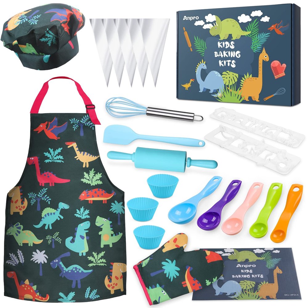 Anpro Complete Kids Cooking and Baking Set - 27 Pcs Includes Aprons for Boys, Chef Hat, Mitt & Utensil to Dress Up Chef Costume Career Role Play for 3-7 Years Boys