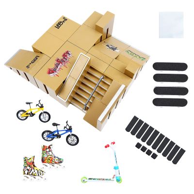 Fingerboard Skate Park Toys, 8 Skatepark Deck Ramp for Finger Skateboard Park Kit Part Training Props with 4 Finger Decks 2 Finger Bike 1 Pair Skates and 1 Scooters for Boys or Girls Gift