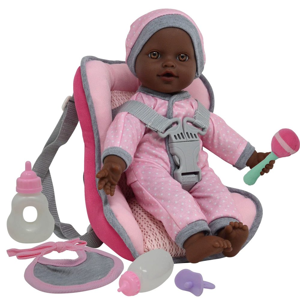 African American Doll Travel PlaySet - Baby Doll Car Seat Carrier Backpack with 12 Inch Soft Body Doll Includes Doll Bottles and Toy Accessories  (African American)