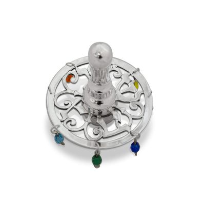 Large Spinning Top made of 925 Sterling Silver Hanukkah Dreidel Multicolored Crystal Beads Cut Out design Hanukkah Judaica gift