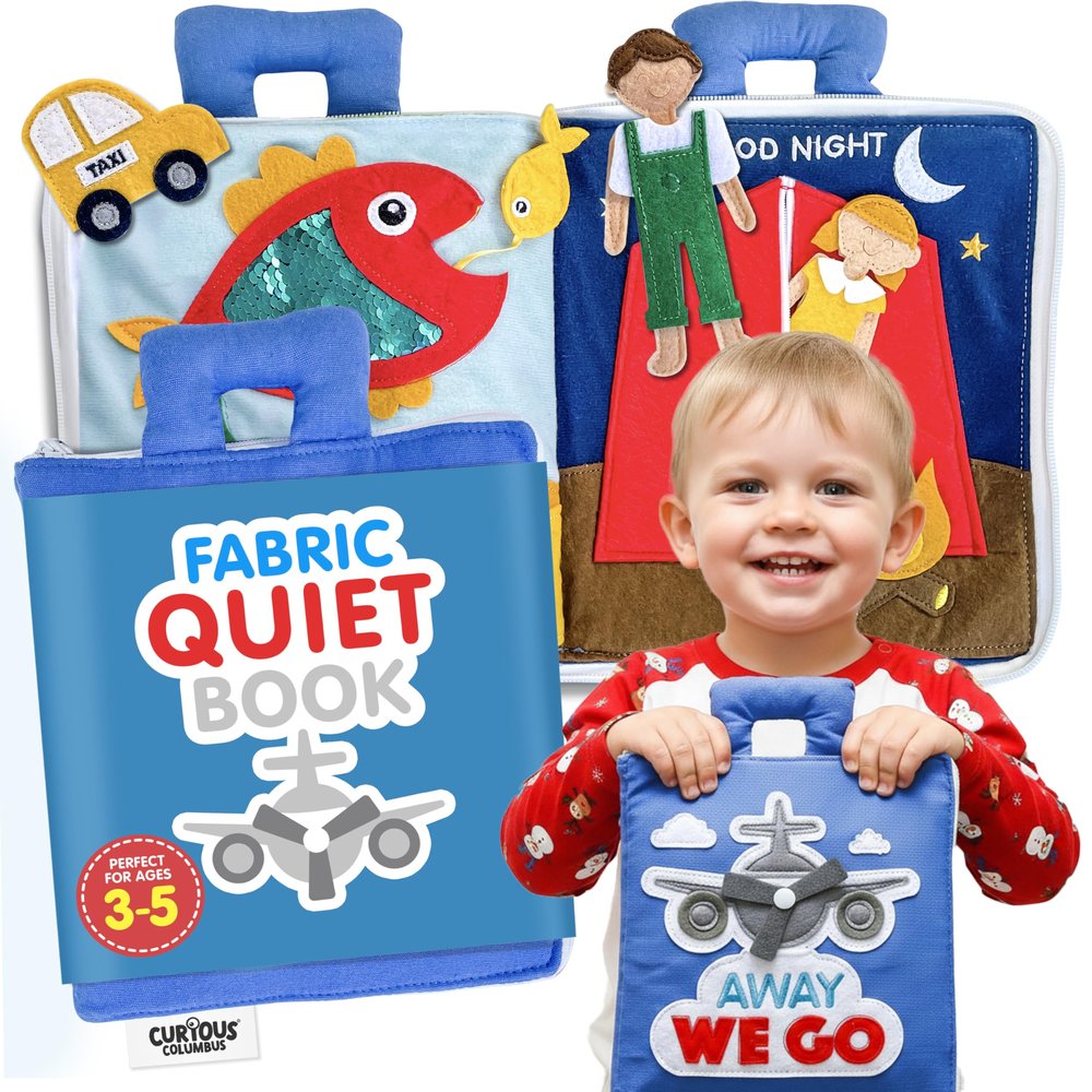 Curious Columbus Quiet Book Away We Go Busy Book for Kids, Montessori Airplane Travel Toy for Preschool and Early Learning