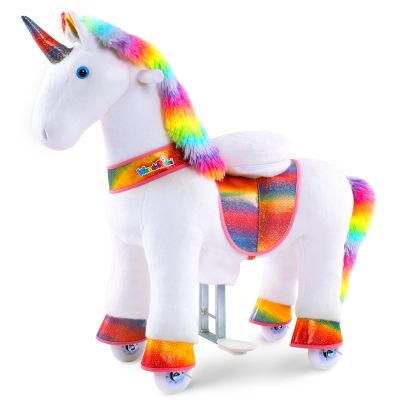 WondeRides Ride on Unicorn Horse Riding Pony Cycle Toys with Rainbow Glowing Wheels Size 4 for Age 4-9, 36 inch Height Riding Horse Unicorn Plush Giddy up Mechanical Toy for Child Boys Girls M432