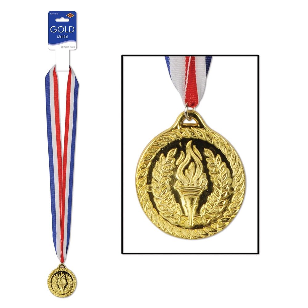 Party Central Club Pack of 12 Red and Blue Ribbon with Gold Medal Necklaces 30"
