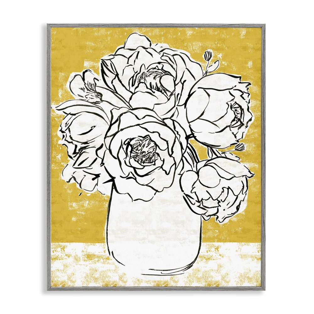 Stupell Industries 'Peony Sketch Bouquet Contrasted Distressed Yellow', Framed Giclee Art, Gray, 11 x 14 Inches, Easy to Hang and Sturdy, Made in USA, by Annie Warren