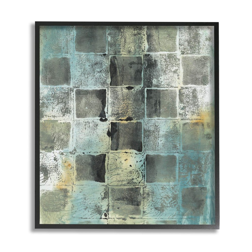 Stupell Industries Checker Block Pattern Abstraction Over Blue Green, Design by Joyce Combs Black Framed Wall Art, 11 x 14