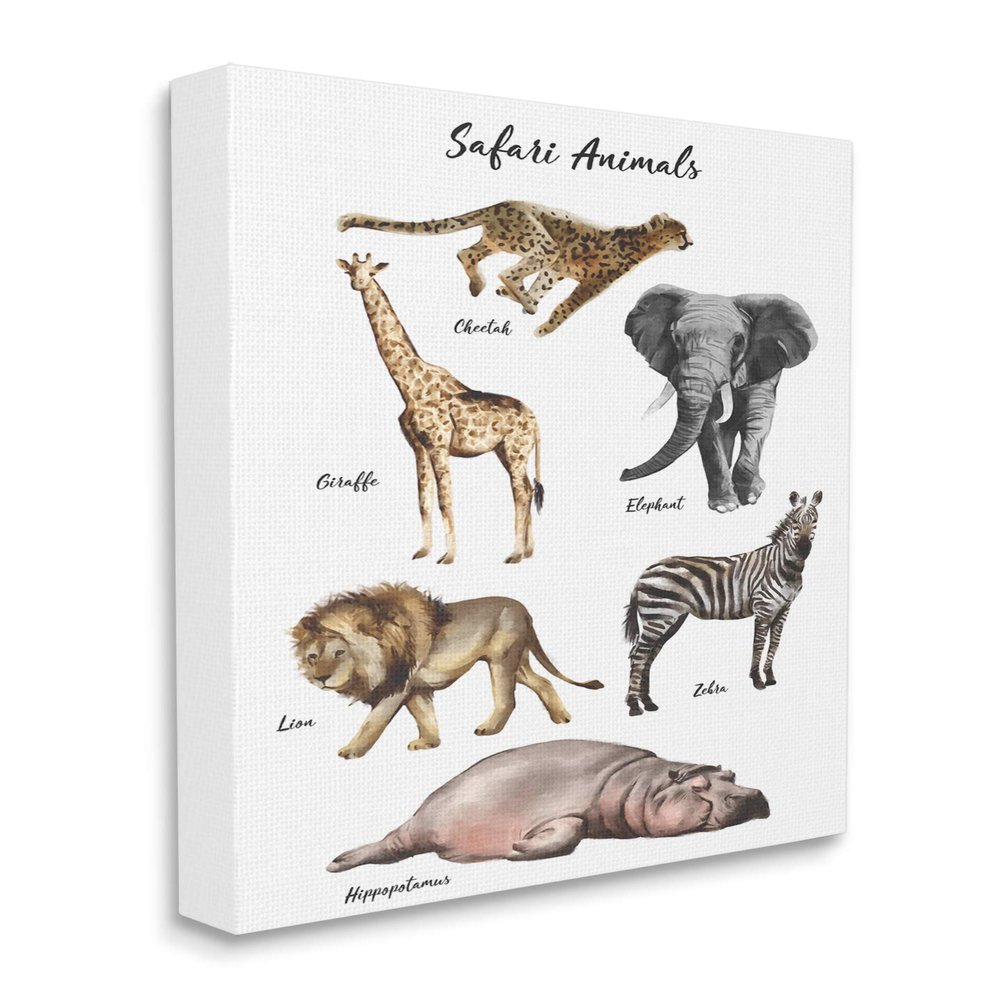 Stupell Industries Safari Animal Chart Playful Watercolor Illustrations, Design by Ziwei Li Canvas Wall Art, 24 x 30, White