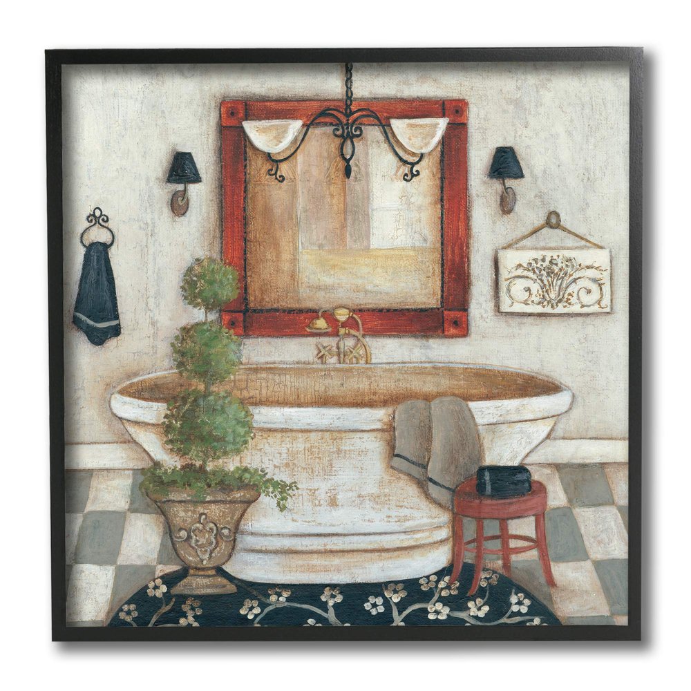 Stupell Industries Chic Bathroom Interior Traditional Home Charm, Design by R. Rig Black Framed Wall Art, 12 x 12, Beige