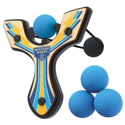 Mighty Fun! - Mischief Maker Wooden Slingshot - Racing Series - Real Wood Slingshot for Kids, 4 Soft Foam Balls and Storage Bag - Ages 4+ (Blue)