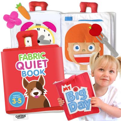 Curious Columbus Quiet Book  Large Fabric Montessori Activity Book with 10 Pages for Learning and Quiet Play, Airplane and Road Trip Travel Toy