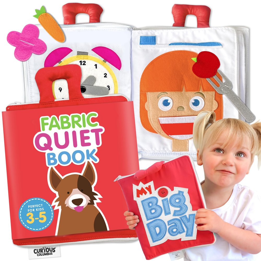 Curious Columbus Quiet Book Large Fabric Montessori Activity Book with 10 Pages for Learning and Quiet Play, Airplane and Road Trip Travel Toy
