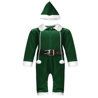 ACSUSS Infant Baby Boys Girls Christmas Outfit Long Sleeve Top with Hat Leather Waistband Jumpsuit Romper Green 9-12 Months
