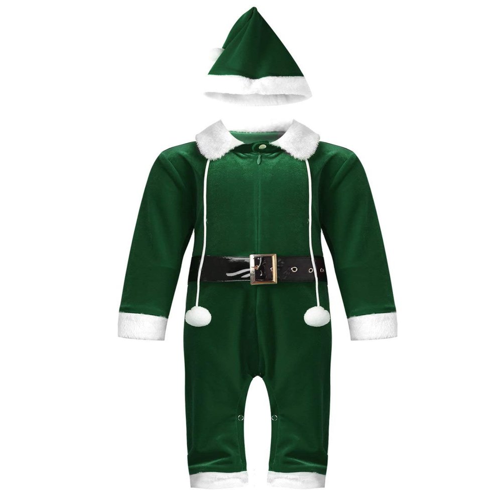ACSUSS Infant Baby Boys Girls Christmas Outfit Long Sleeve Top with Hat Leather Waistband Jumpsuit Romper Green 9-12 Months