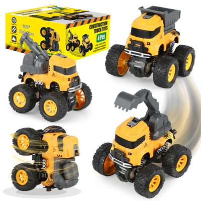 Construction Truck Toys, Push and Go Toy Trucks for Toddlers Kids Age 3-8, 4 Pack Friction Powered Car Toys Include Crane Mixer Excavator Dump Truck Best Christmas Birthday Gift for Boys Girls
