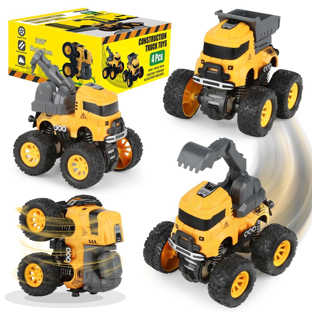 Construction Truck Toys, Push and Go Toy Trucks for Toddlers Kids Age 3-8, 4 Pack Friction Powered Car Toys Include Crane Mixer Excavator Dump Truck Best Christmas Birthday Gift for Boys Girls