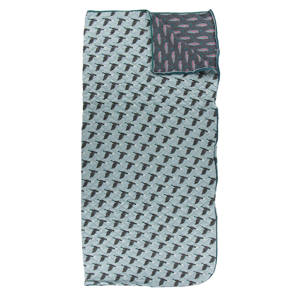 KicKee Pants Print Quilted Sleeping Bag for Kids, Designed from Viscose from Bamboo, Keep Warm Away from Home with a Cozy Sleepover Bag (Jade Mallard Duck/Stone Rainbow Trout - One Size)