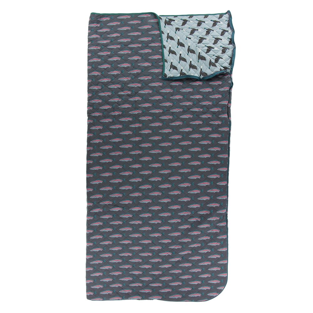 KicKee Pants Print Quilted Sleeping Bag for Kids, Designed from Viscose from Bamboo, Keep Warm Away from Home with a Cozy Sleepover Bag (Stone Rainbow Trout/Jade Mallard Duck - One Size)