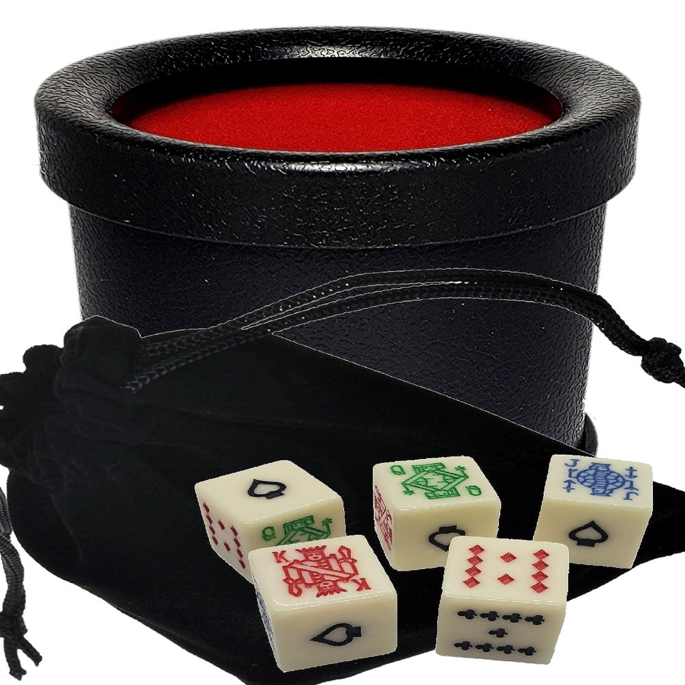 Cyber-Deals Dice Cup and 16mm Poker Dice with Storage Pouch Set (1 Set),Black,Red