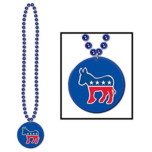 Club Pack of 12 Blue Beads with Democratic Medallion Necklace Party Accessories 33"