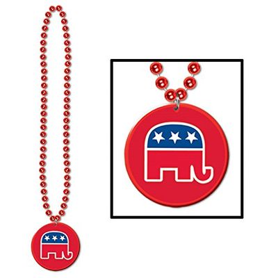 Club Pack of 12 Red Beads with Republican Medallion Necklace Party Accessories 33"