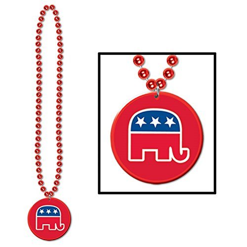 Club Pack of 12 Red Beads with Republican Medallion Necklace Party Accessories 33"