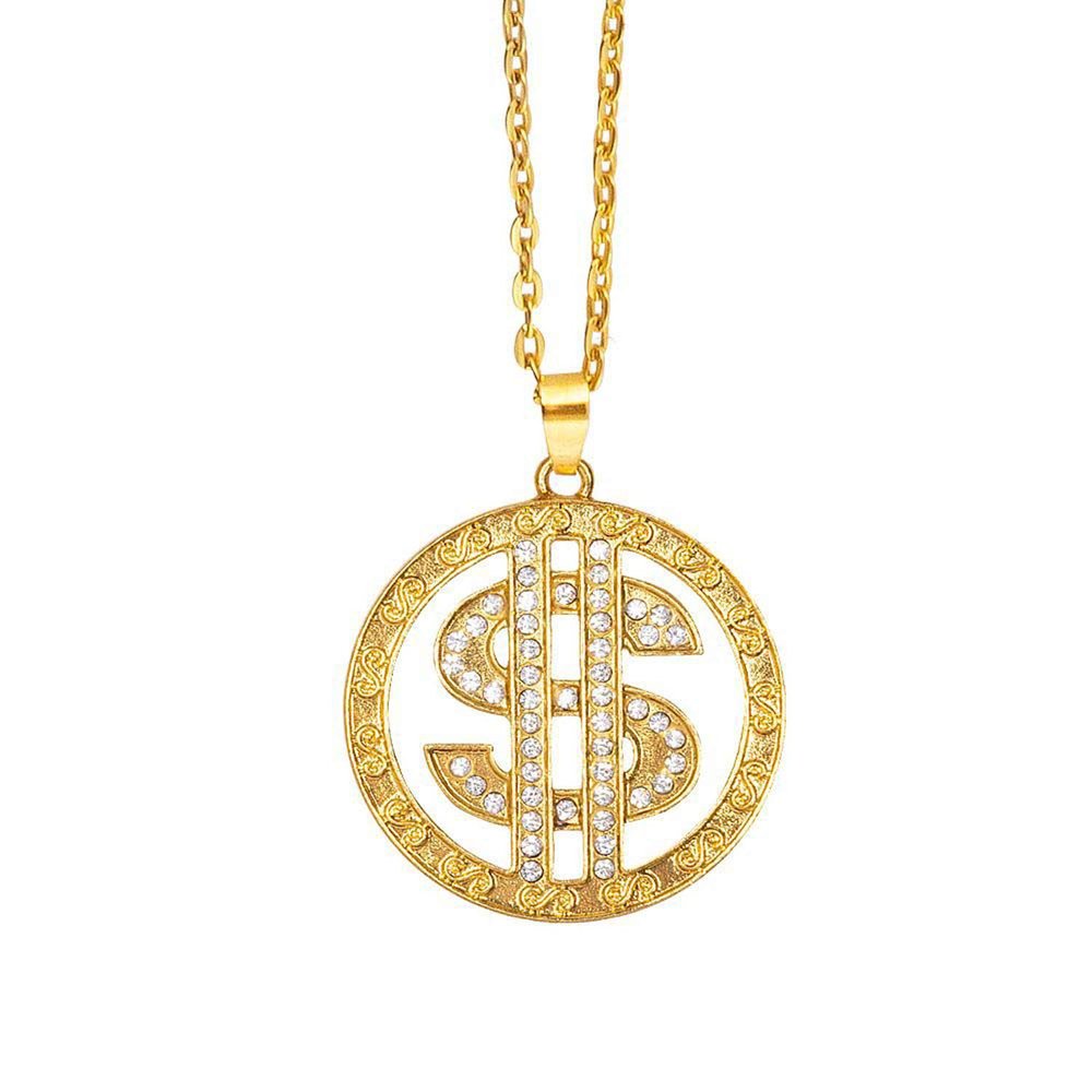 Boland 64420 - Necklace Dollar Sign Gold with Rhinestones, for Adults, Fashion Jewellery with Pendant, Jewellery, Millionaire, Mafia Boss, Carnival, Carnival, Halloween, Theme Party