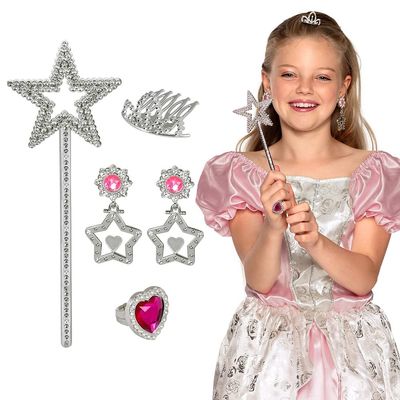 Boland 44088  Princess Hair Comb Set with 2 Earrings, Ring and Magic Wand, Silver and Pink for Children, Costume Play, Accessories, Carnival, Theme Party