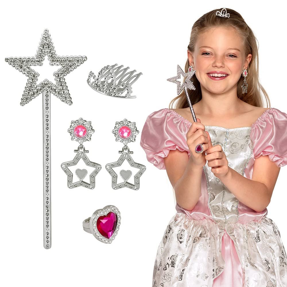 Boland 44088  Princess Hair Comb Set with 2 Earrings, Ring and Magic Wand, Silver and Pink for Children, Costume Play, Accessories, Carnival, Theme Party